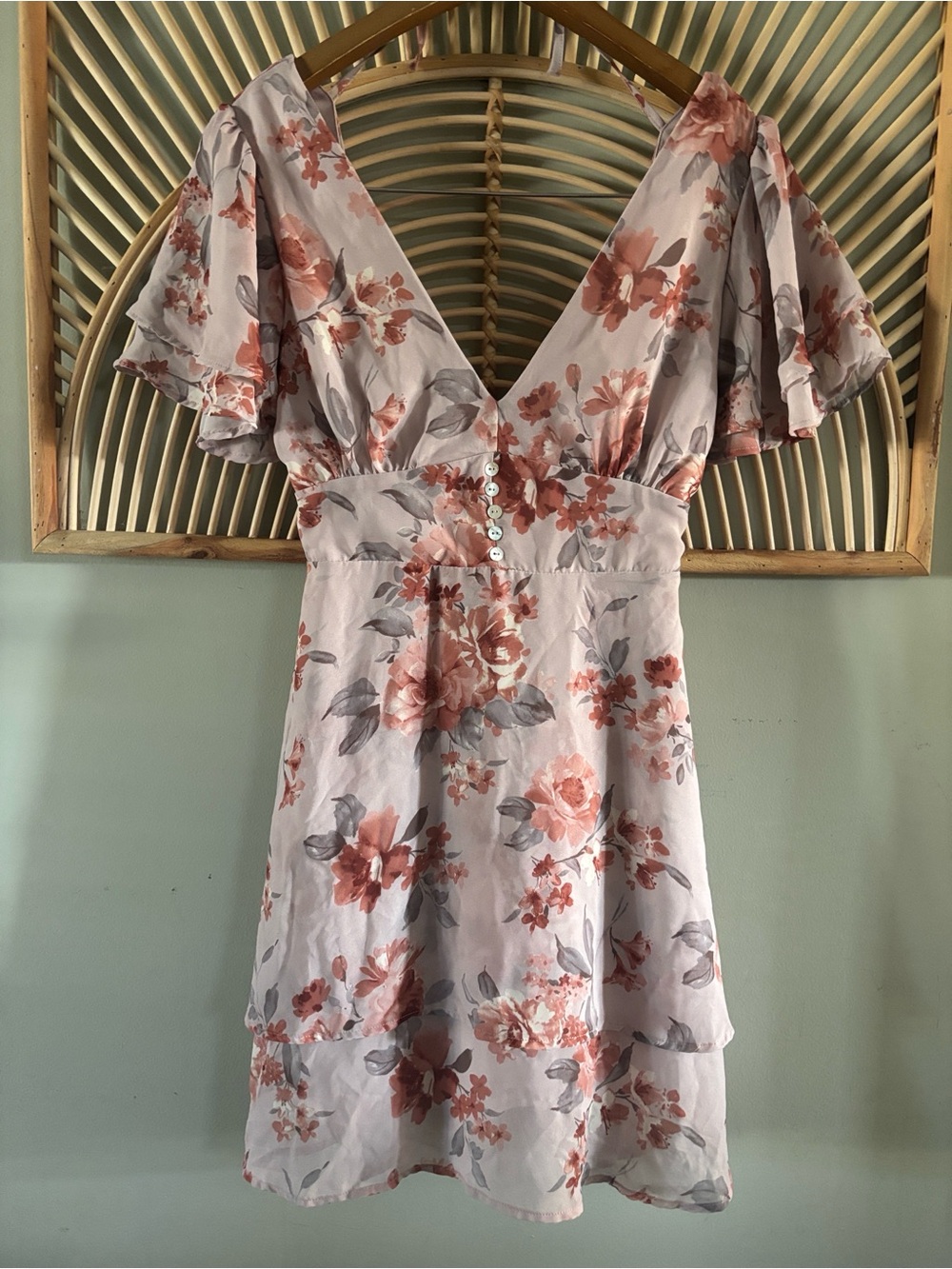 Altar'd State Dusty Rose Floral V-Neck Mini Dress